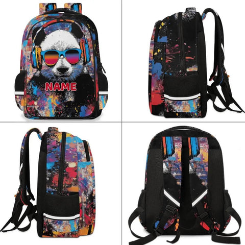 Front and side view of Personalized Dope Panda Backpack With Custom Name For Work And Travel College 16 Inch Laptop Bag