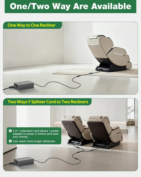 Universal Electric Recliner Power Supply Adapter For Two Pin Switching Transformer Replacement connected to one and two recliners.