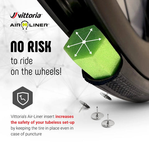 Air-Liner Road Insert For Tubeless-Ready Road Bike Tires With Run-Flat Tech displayed inside a tire, highlighting safety benefits.