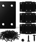 Beefy Black Metal Flat Brace Set 16 Pcs With 64 Stainless Steel Screws for wood fixing brackets, arranged with screws