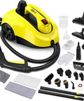 Heavy Duty Steam Cleaner With 52 Oz Large Tank And Incredible High Pressure Capability, yellow unit with accessories for deep cleaning.