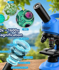 Awesome Kids Microscope Kit 40x To 1600x Magnification With LED Light STEM Toy For Beginners Ages 6 To 12 Includes Prepared Slides And Tool Set For Curious Young Scientists blue plastic microscope with 4x, 10x, 40x lenses