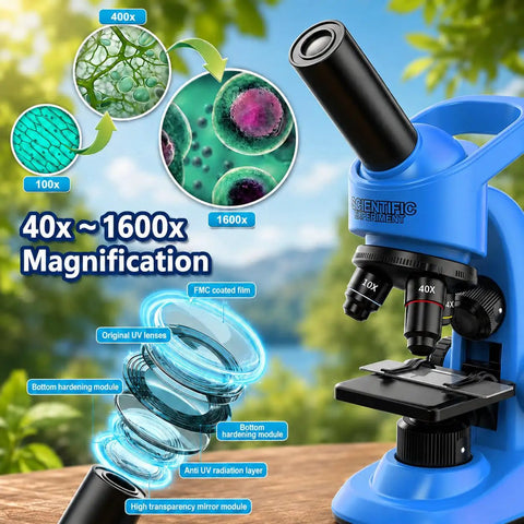 Awesome Kids Microscope Kit 40x To 1600x Magnification With LED Light STEM Toy For Beginners Ages 6 To 12 Includes Prepared Slides And Tool Set For Curious Young Scientists blue plastic microscope with 4x, 10x, 40x lenses