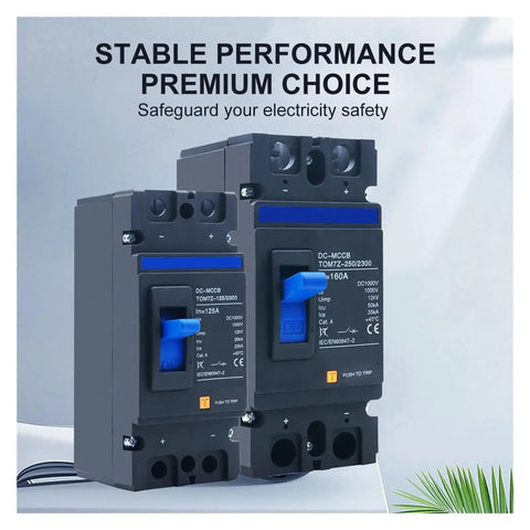 Top Shelf 2 Pole DC Circuit Breaker 1000V MCCB Built Tough For Solar Arrays And RV Marine Installations, showing dual breakers with specs.