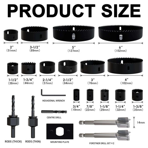 METOTY 22-piece hole saw set; black metal saws from 2" to 6" with hex wrench and mounting plate.