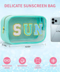 Clear Sunscreen Zipper Bag for Beach and Pool, featuring a glitter sun design, dimensions 10.43 x 3.14 x 5.9 inches.
