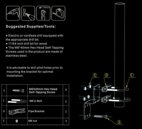 Beefy Heavy Duty Pole Mount For Outdoor Antennas With Double U Bolts, 1¼ OD Pole Kit Diagram
