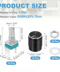 10 Pack RK097N B50K Sealed Rotary Potentiometer, 3 Pin Linear, 15mm Knurled Shaft, 15x17mm Black Metal Knob, Vertical Mount dimensions