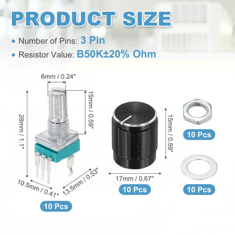 10 Pack RK097N B50K Sealed Rotary Potentiometer, 3 Pin Linear, 15mm Knurled Shaft, 15x17mm Black Metal Knob, Vertical Mount dimensions
