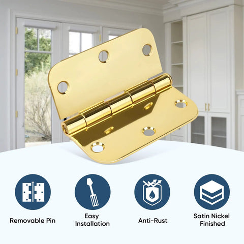 Satin nickel door hinge with removable pin, anti-rust, easy installation icons, interior setting in background