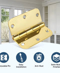 Gold hinge with removable pin displayed against kitchen background, showing easy installation and satin nickel finish features.
