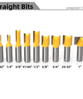 10 straight router bits from the 70 Piece Router Bit Set With 1/2 Inch Shank Tungsten Carbide Bits For Pro Grade Woodworking