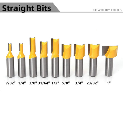 10 straight router bits from the 70 Piece Router Bit Set With 1/2 Inch Shank Tungsten Carbide Bits For Pro Grade Woodworking