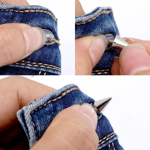 Close-up of silver cone spike screw-back stud being installed on denim jeans; 7x14mm, set of 10.