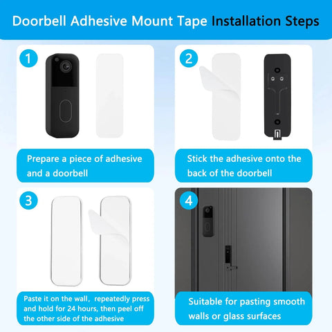 Image showing installation steps for Adhesive Doorbell Mounting Kit With Pin For Blink Video Doorbell And Outlet Wall Mount For Sync Module Core.