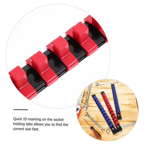 Slick 6 Piece Socket Organizer Tray With Fast Match Labels showing red and black socket holding tabs for easy size identification.