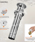 Close-up of metal pop-up drain for 8 Inch Widespread Bathroom Faucet For 3 Hole Sink In Brushed Nickel With Metal Pop Up Drain And Water Supply Lines Vanity Faucet For 6 To 12 Inch Spread Fits Up To 1.38 Inch Countertop Thickness showing strainer details.