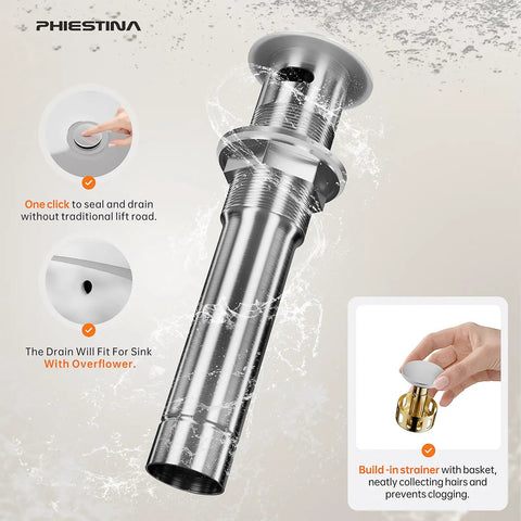 Close-up of metal pop-up drain for 8 Inch Widespread Bathroom Faucet For 3 Hole Sink In Brushed Nickel With Metal Pop Up Drain And Water Supply Lines Vanity Faucet For 6 To 12 Inch Spread Fits Up To 1.38 Inch Countertop Thickness showing strainer details.