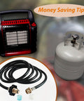 10 Foot Propane Adapter Hose For Buddy Series Heaters shown with heater, gas tank, and adapters for outdoor heating.