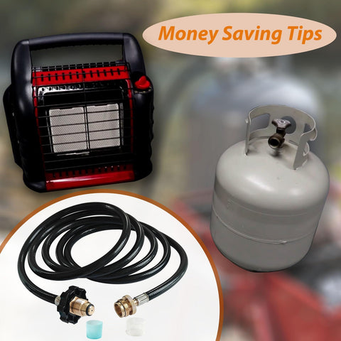 10 Foot Propane Adapter Hose For Buddy Series Heaters shown with heater, gas tank, and adapters for outdoor heating.