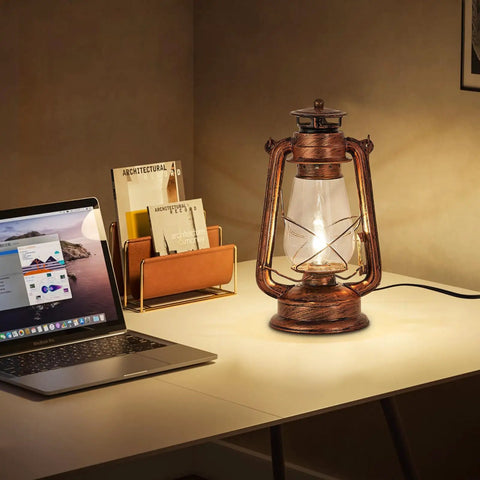 Rustic Lantern Table Lamp With Glass Shade For Living Room And Bedroom on a desk with laptop, creating cozy ambiance