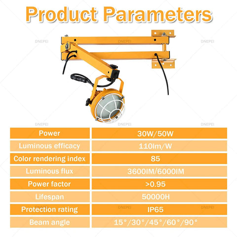 Diagram of Universal LED Loading Dock Light Heavy Duty 30W Or 50W 3600 Lumens to 6000 Lumens showing product parameters.