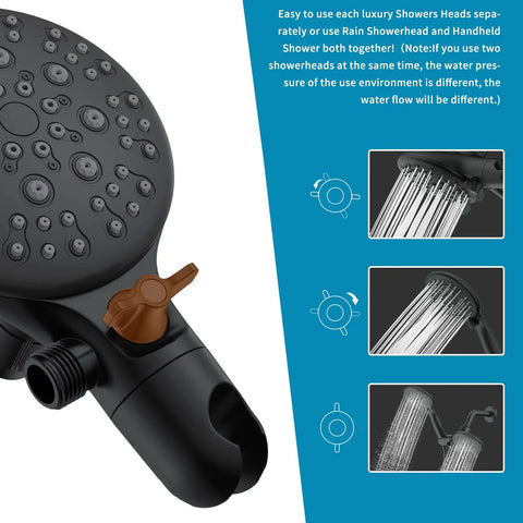 Close-up of black showerhead with adjustable modes, showcasing nozzles and controls for Shower System With 6 Mode Bathtub Handheld Showerhead And Rain Shower Combo, 2 In 1 Shower Head, Matte Black Finish, Power Rain Massage Spa Modes For A Luxe At Home Spa Experience.