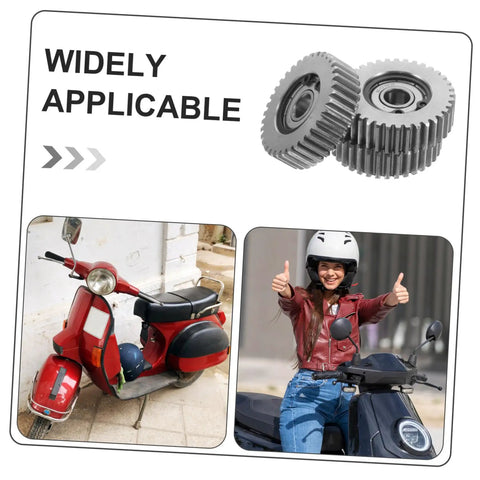 Beefy 36 Tooth Motor Gear Set With Washers 3 Pcs Steel Gears displayed with scooters and rider