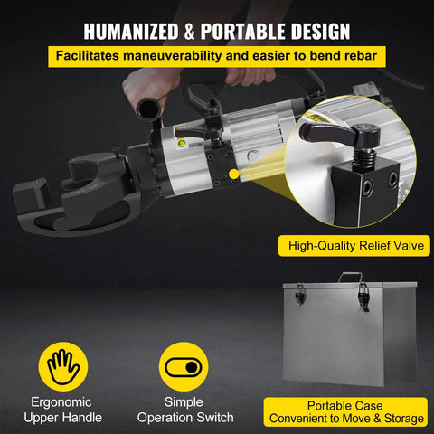 VEVOR Hydraulic Electric Rebar Bender 1.5 KW Handheld Bending Machine with ergonomic handle and portable case for easy use.