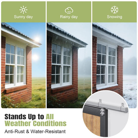 8FT Exterior Sliding Barn Door Hardware Kit with Box Rail Track shown in all weather conditions against brick house