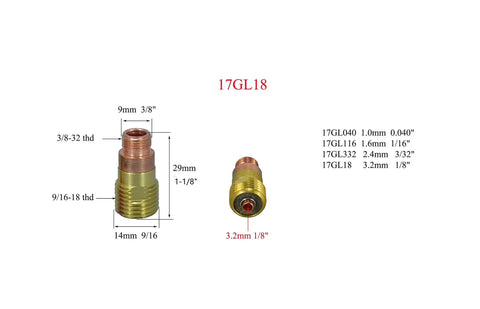 Stubby Gas Lens And Collet Bodies Kit For 17 And 26 Series TIG Torches with dimensions and size specifications shown