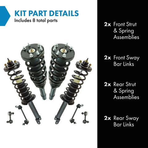 All In One Front And Rear Suspension Kit With Strut And Coil Spring Assemblies And Sway Bar Links For Honda Accord 2008 2009 2010 2011 2012 Replacement parts layout