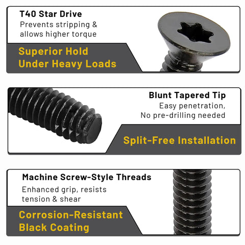 Workhorse 5/16 X 2-1/2 Inch Flat Head Trailer Deck Screws With Self Tapping Threads And Machine Screw Grip for solid wood framing, showing T40 star drive features.