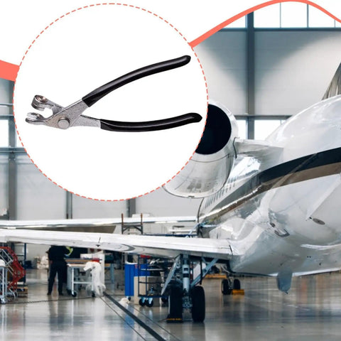 Cleco Plier For Aviation Hand Tool With Ergonomic Non Slip Handle Durable Metal Construction Portable Accessory For Maintenance And Assembly Great For Pro Mechanics And DIY Aircraft Work shown beside aircraft in hangar.