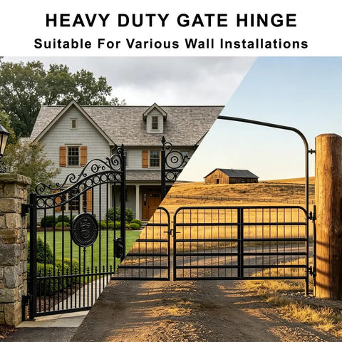 Two Piece Wall Mount Gate Hinges Heavy Duty For Chain Link Fences With Five Eighth Inch Pin Built Tough To Stop Gate Sag And Keep Outdoor Entrances Aligned And Ready For All Weather Use, black steel gate hinge on wood post
