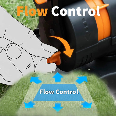 Close-up of flow control knob on Mini Turbo Oscillating Garden Sprinkler With Large Base 16 Nozzles Adjustable Width And Range Three Watering Modes Gray No Fuss Setup For Thorough Yard Coverage And Lawn Hydration
