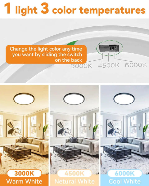4 Pack LED Flush Mount Ceiling Lights Black 9 Inch 24W Ultra Slim Not Dimmable Daylight 5000K 216 Sq Ft Coverage Ideal For Living Room Dining Room And Hallway showing different color temperatures.