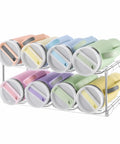 Cabinet Water Bottle Organizer With Large Compartments, Stackable Tumbler Holder For 40oz Jugs displayed with colorful tumblers