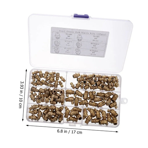 Open organizer box showing Copper Grease Nipples Kit 106 Pcs M6 M8 M10 Pneumatic Zerk Fittings for Hydraulic Equipment and Grease Gun Coupler.