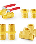 One Quarter Inch NPT Brass Pipe Fitting Kit with two ball valves, two hex bushings, two hex nipples, and two tees.