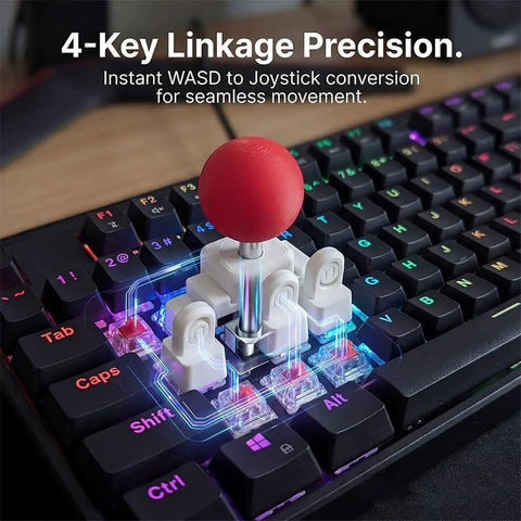 Turn Your Keyboard Into An Arcade Stick With A Four Key Linkage Mod For Fighting Games 3D Printed WASD To Joystick Keycap Kit Tool Free Install DIY Mini Controller For Retro Gaming Emulators And Arcade Style Play. 3D-printed white joystick kit on a mechanical keyboard