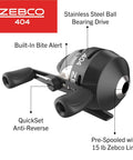 Size 40 Spincast Fishing Reel With Right Hand Retrieve No Tangle Design Easy To Use Built In Bite Alert Durable All Metal Gears Stainless Steel Pick Up Pin Pre Spooled With 15 Pound Line Black Finish