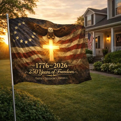 Three By Five Foot Double Sided 3 Ply Outdoor American Flag For 250th Anniversary We The People 1776 2026 Patriotic Yard And House Banner For Fourth Of July Durable Outdoor Use With Reinforced Edges And Fade Resistant Finish displayed in a yard with house in background