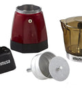 Parts of Electric Espresso Moka Maker For 3 To 6 Cups, 48 Oz Capacity, Red, Easy Home Brew Boss displayed separately