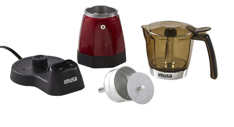 Parts of Electric Espresso Moka Maker For 3 To 6 Cups, 48 Oz Capacity, Red, Easy Home Brew Boss displayed separately