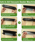 Six Times Fresher Meals With 200 Count 8x12 Inch Vacuum Sealer Bags instructions showing sealing process with vacuum machine.