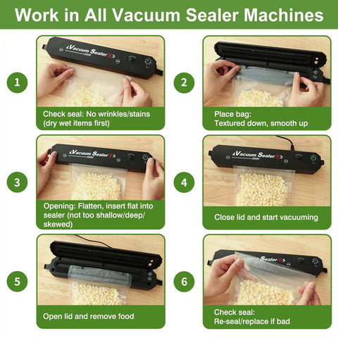 Six Times Fresher Meals With 200 Count 8x12 Inch Vacuum Sealer Bags instructions showing sealing process with vacuum machine.