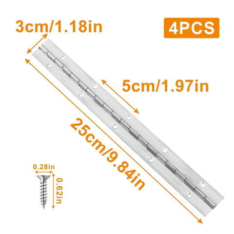 Heavy Gauge 10 Inch Piano Hinge Slick Silver Steel Continuous Strap Straight Up Durable Hardware For Cabinet Doors And Diy Woodcraft Boxes showing 4 pieces with measurements.