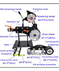 Shop Ready Variable Speed Belt Grinder And Sander Chassis with labeled parts, including wheels and hydraulic components.