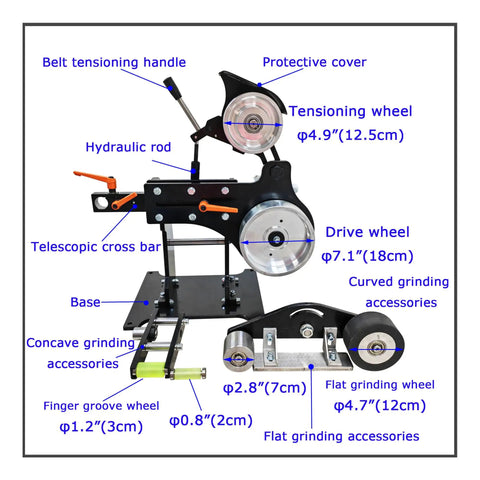 Shop Ready Variable Speed Belt Grinder And Sander Chassis with labeled parts, including wheels and hydraulic components.